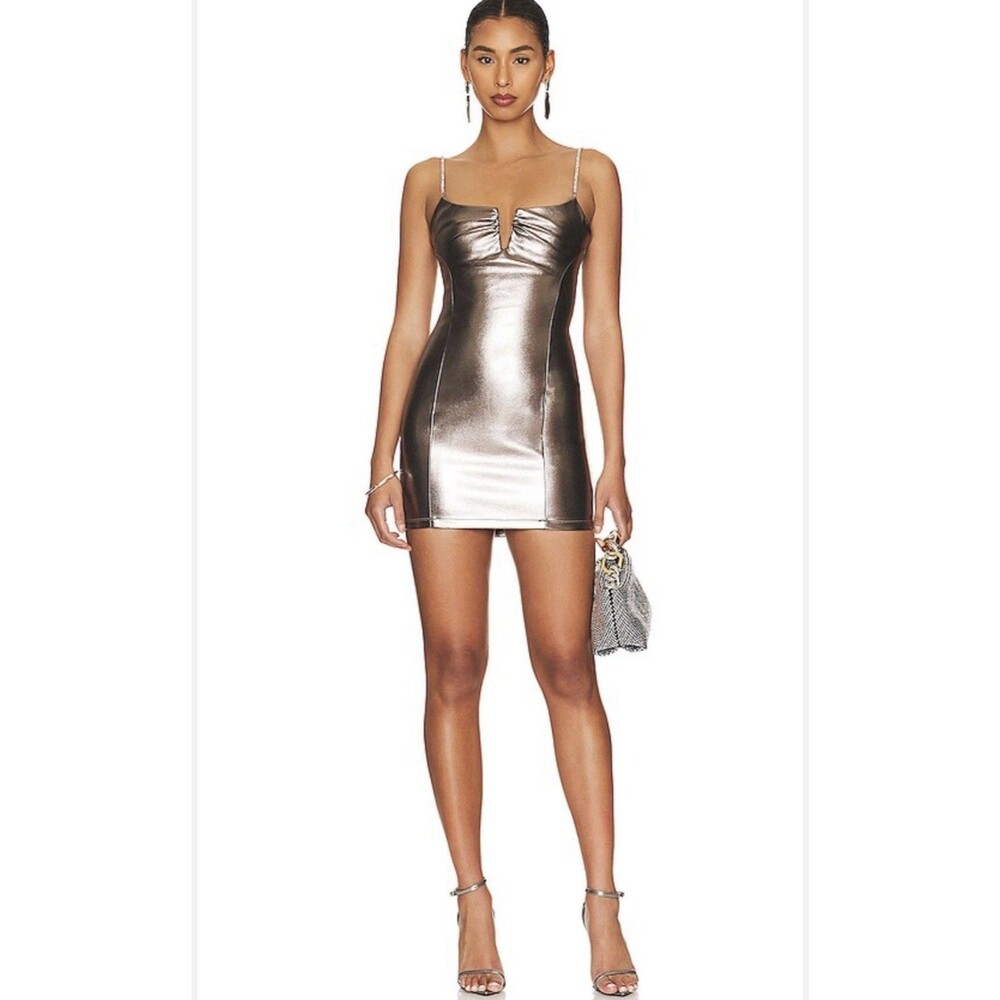Alix NYC Cruz Mini Dress Pewter Faux Leather Rhinestone Straps Size 4